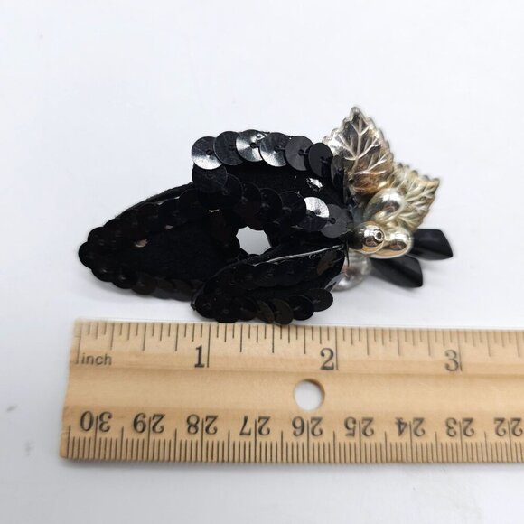 Vintage 1980s Black Sequin Clip-On Earrings With Silver Accents Leaf Design - Picture 5 of 5